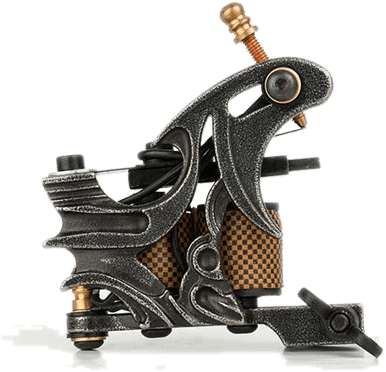 Tattoo machine named img-home.png features a metallic frame with checkered yellow and black coils, highlighting its intricate detailing and sturdy build.